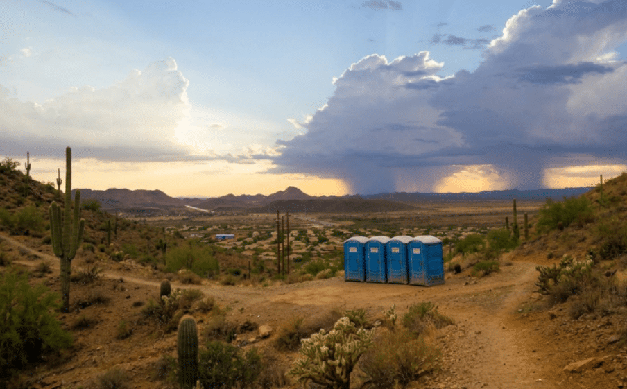 Portable toilet rentals on a desert trail in Arizona with monsoon storm clouds and saguaro cacti at sunset.