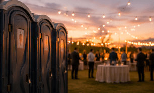 Portable toilet rentals at an outdoor evening event with string lights and guests at sunset