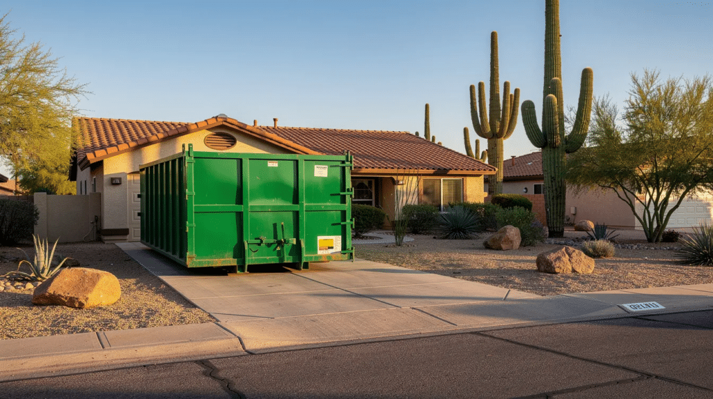 roll-off dumpster in front of home in southern Arizona with saguaro cacti in the front yard