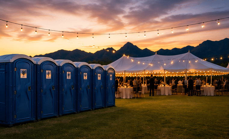 Blue portable toilet rentals at an outdoor wedding reception with a white tent, string lights, and Arizona mountain sunset backdrop.