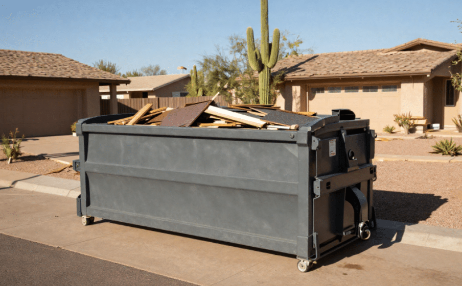 : A large, dark gray roll-off dumpster filled with construction debris and wooden planks, parked on a residential driveway in a desert neighborhood.