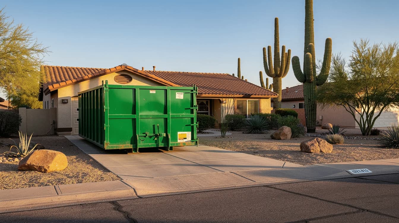 Green Stamback Services roll-off dumpster parked in a Tucson home driveway